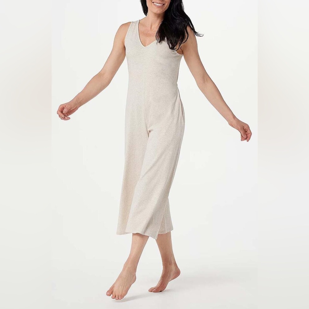 AnyBody Cozy Knit Wide-Leg Jumpsuit w/ Back Tie Detail Heather Oatmeal Sz Large